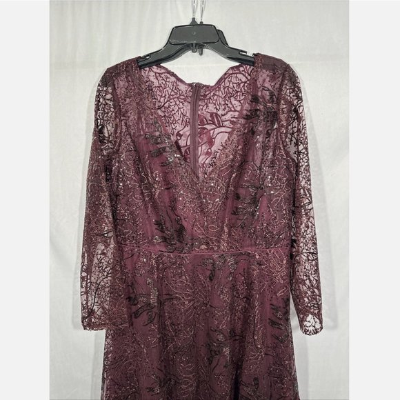 NWT $498 Mac Duggal [ 16 ] Lace Embellished Long‎ Sleeve Ruffle Dress Wine Red - Picture 4 of 15